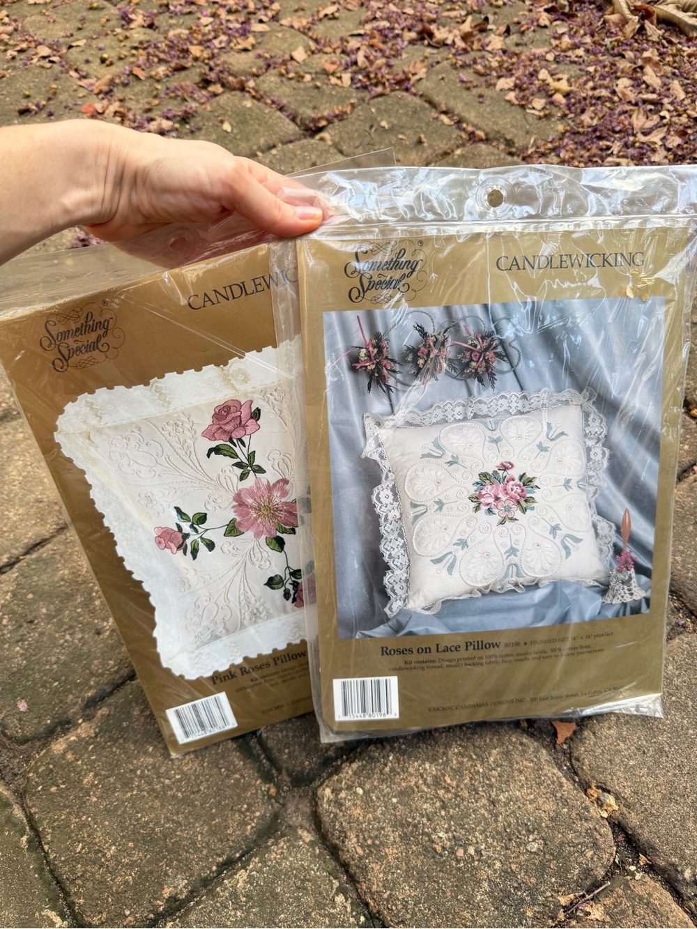 Vintage Candamar Candlewicking Pillow Kits Set of 2 Pink Roses Lace 14”
